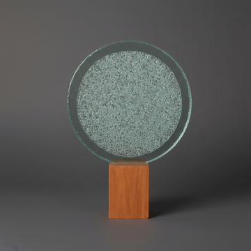 Glass sculpture art freestanding — circular recycled clear glass disc with crushed fill and timber base, charcoal grey background