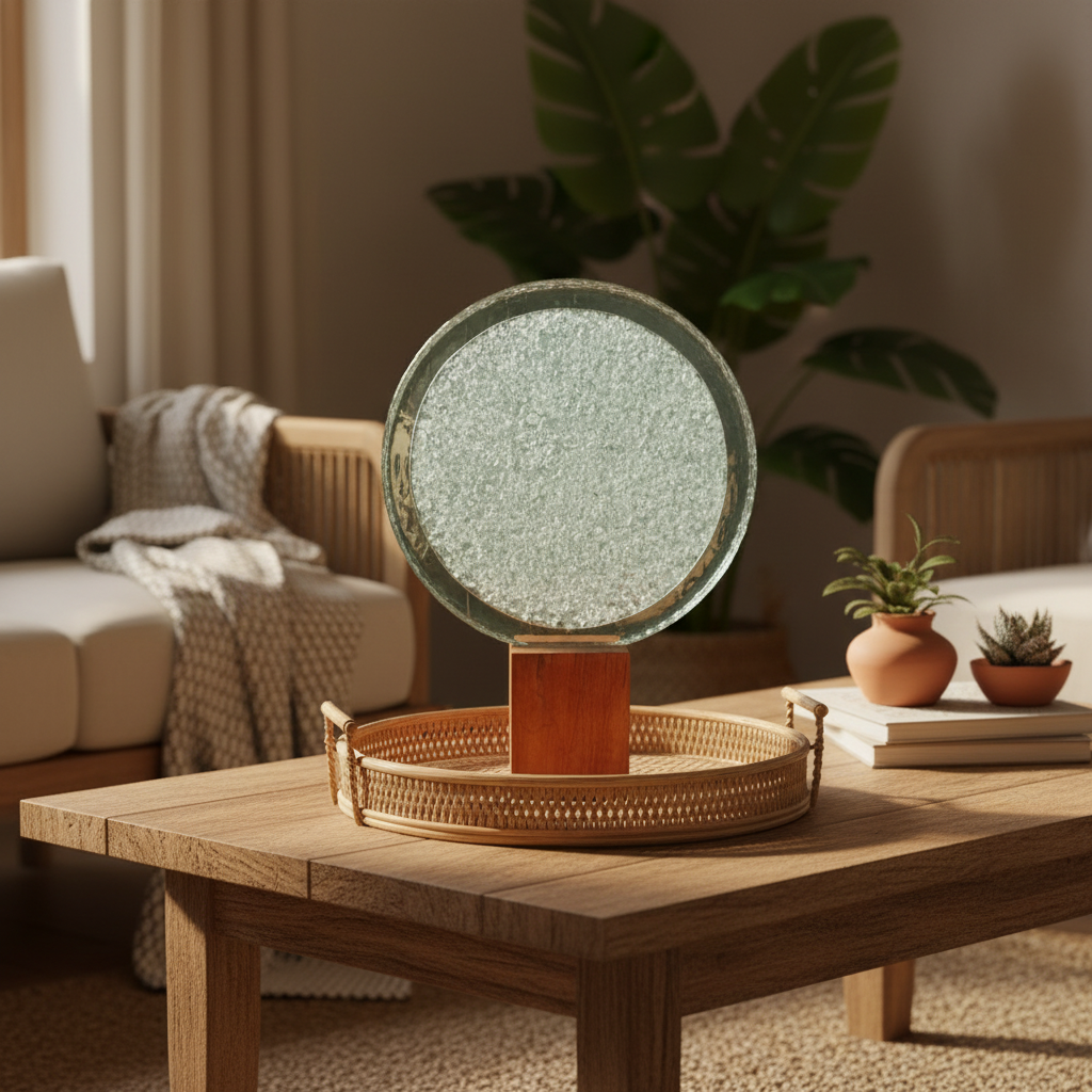 Glass sculpture art freestanding on a rattan tray on a timber coffee table, warm Balinese living room with tropical foliage
