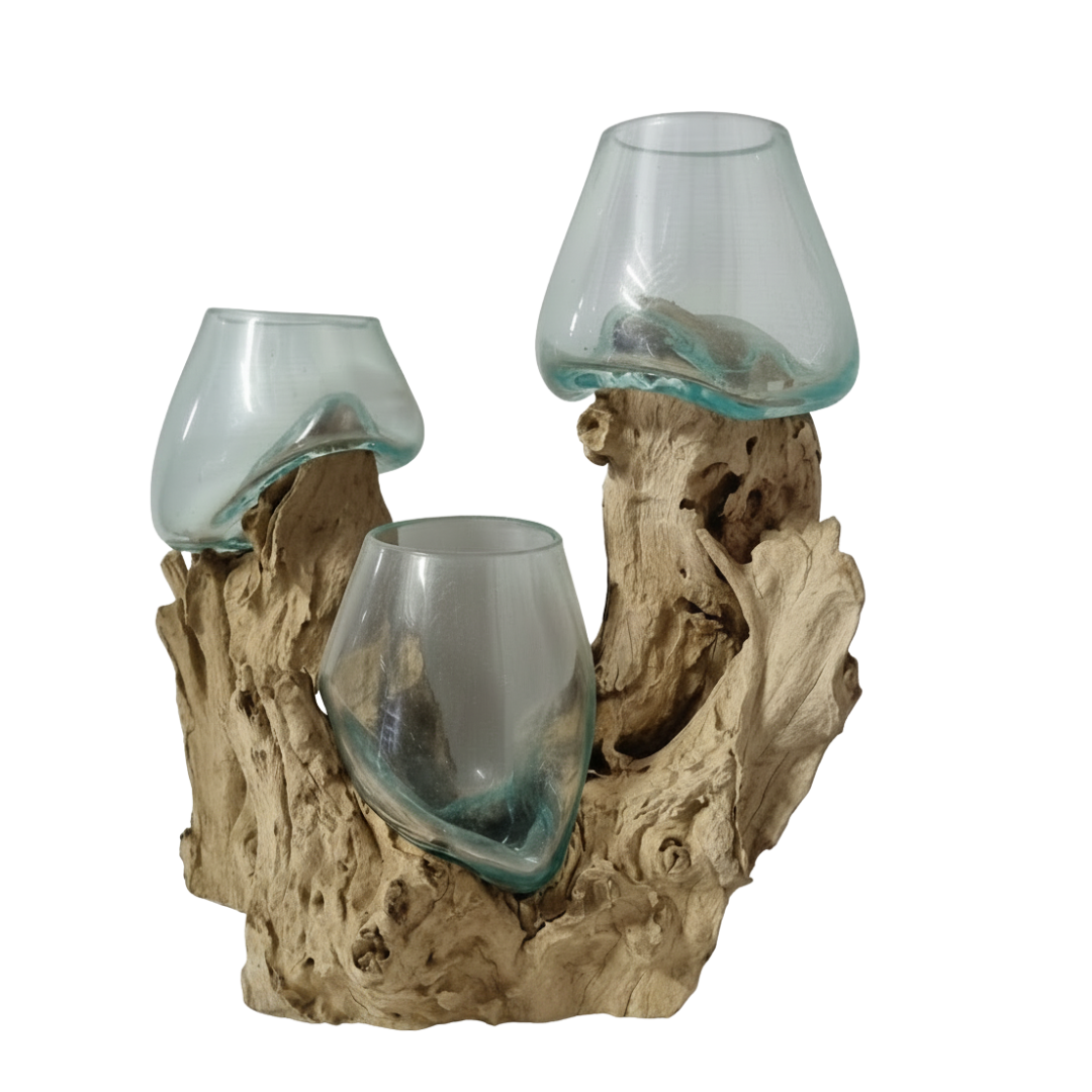 Decorative holder with three glass containers on a wooden base against a white background