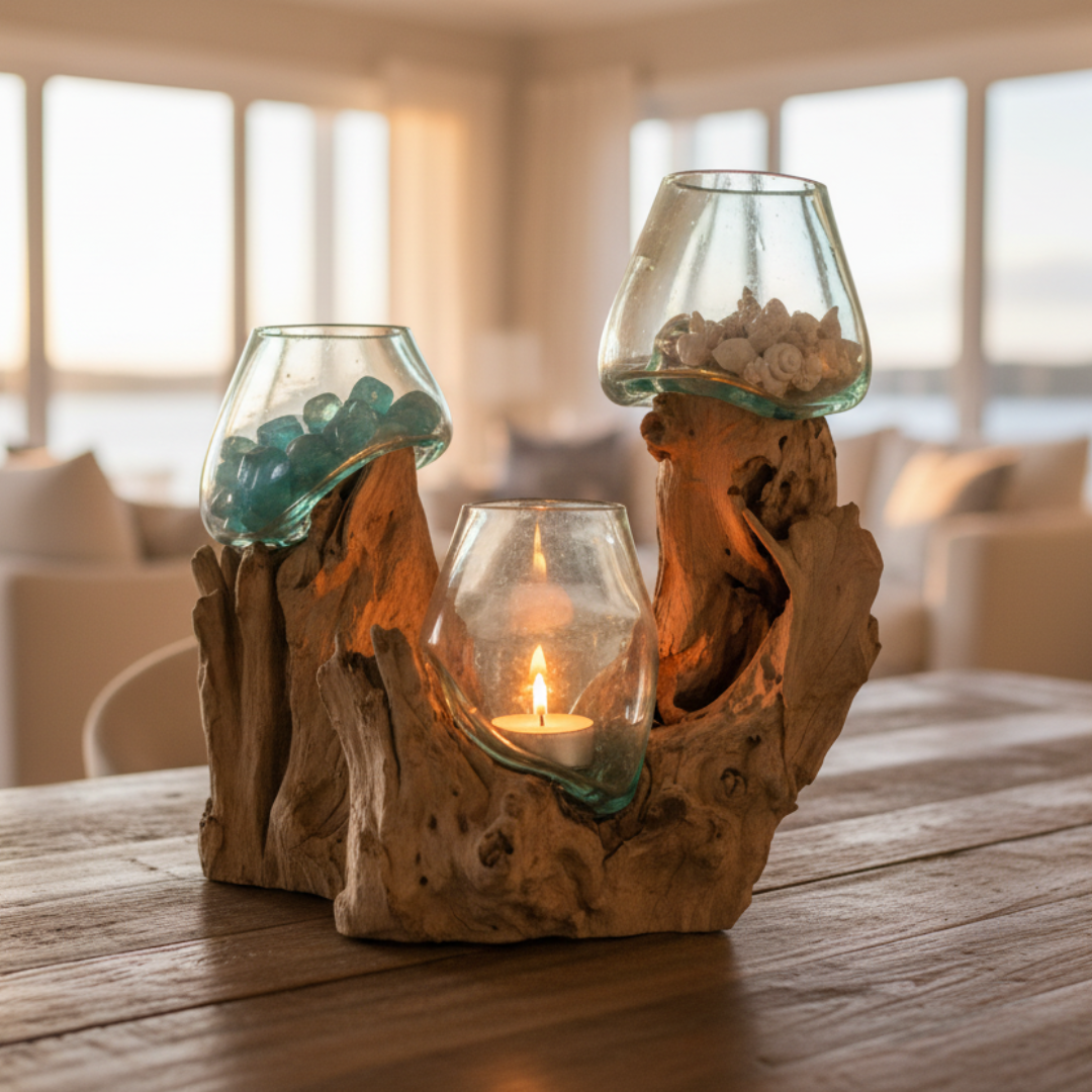 Three bowl driftwood sculpture as dining table centrepiece with tea light, crystals and shells