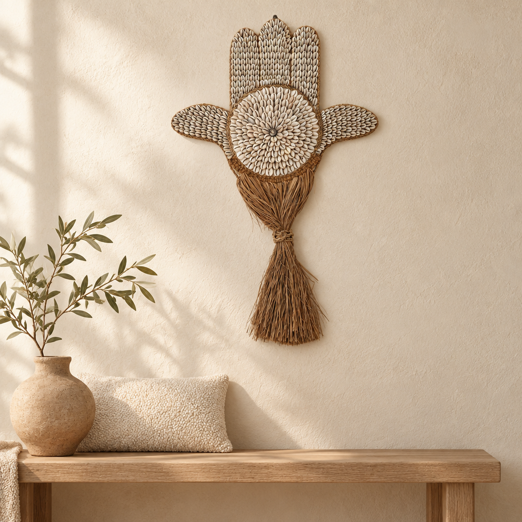 Cowrie shell hand-shaped wall hanging on a warm ivory plaster wall above a light oak bench with a boucle cushion