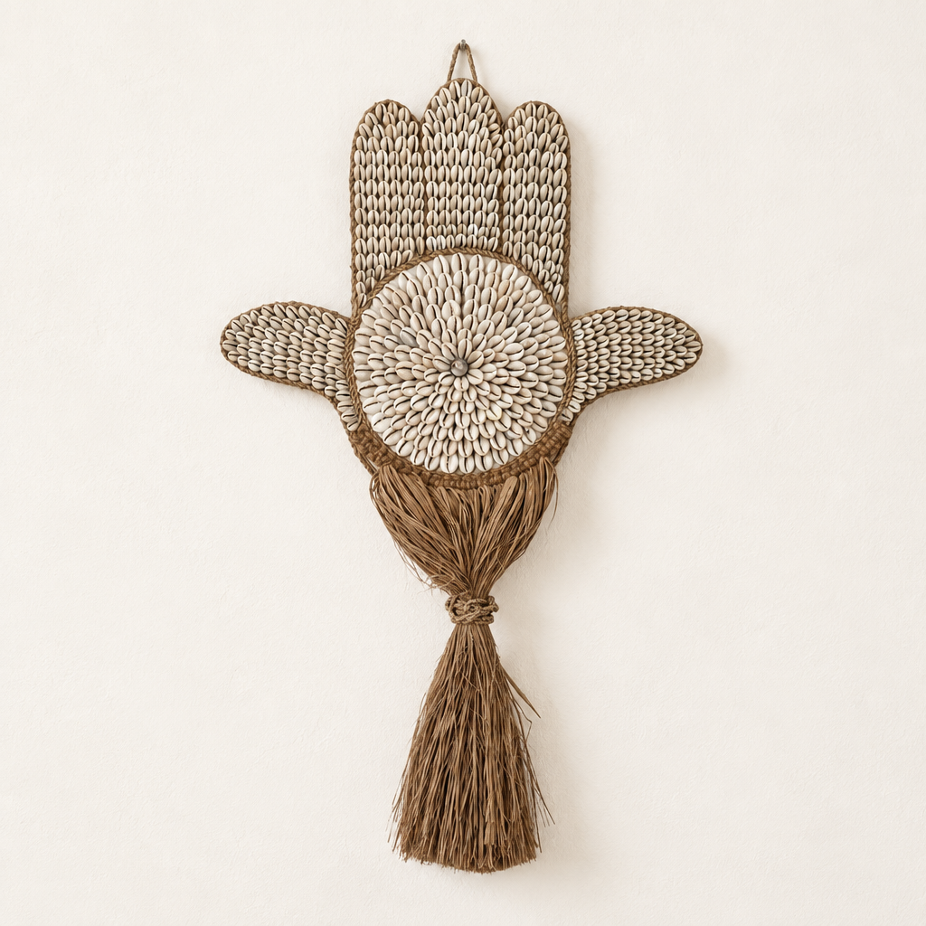 Hamsa Hand Wall Art with natural cowrie shells and a brown seagrass tassel on a warm ivory background
Coastal lifestyle scene: