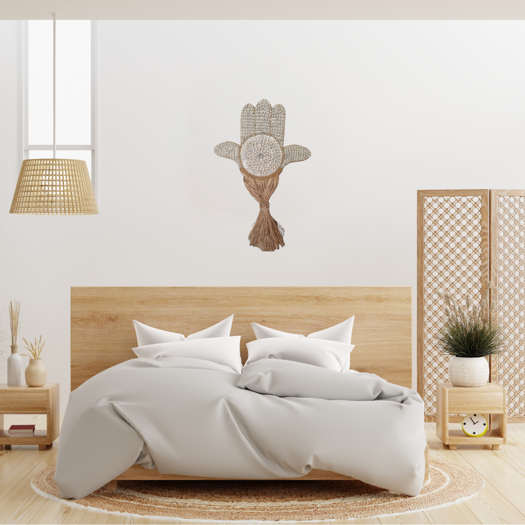 Modern bedroom with wooden headboard, white bedding, and decorative elements.