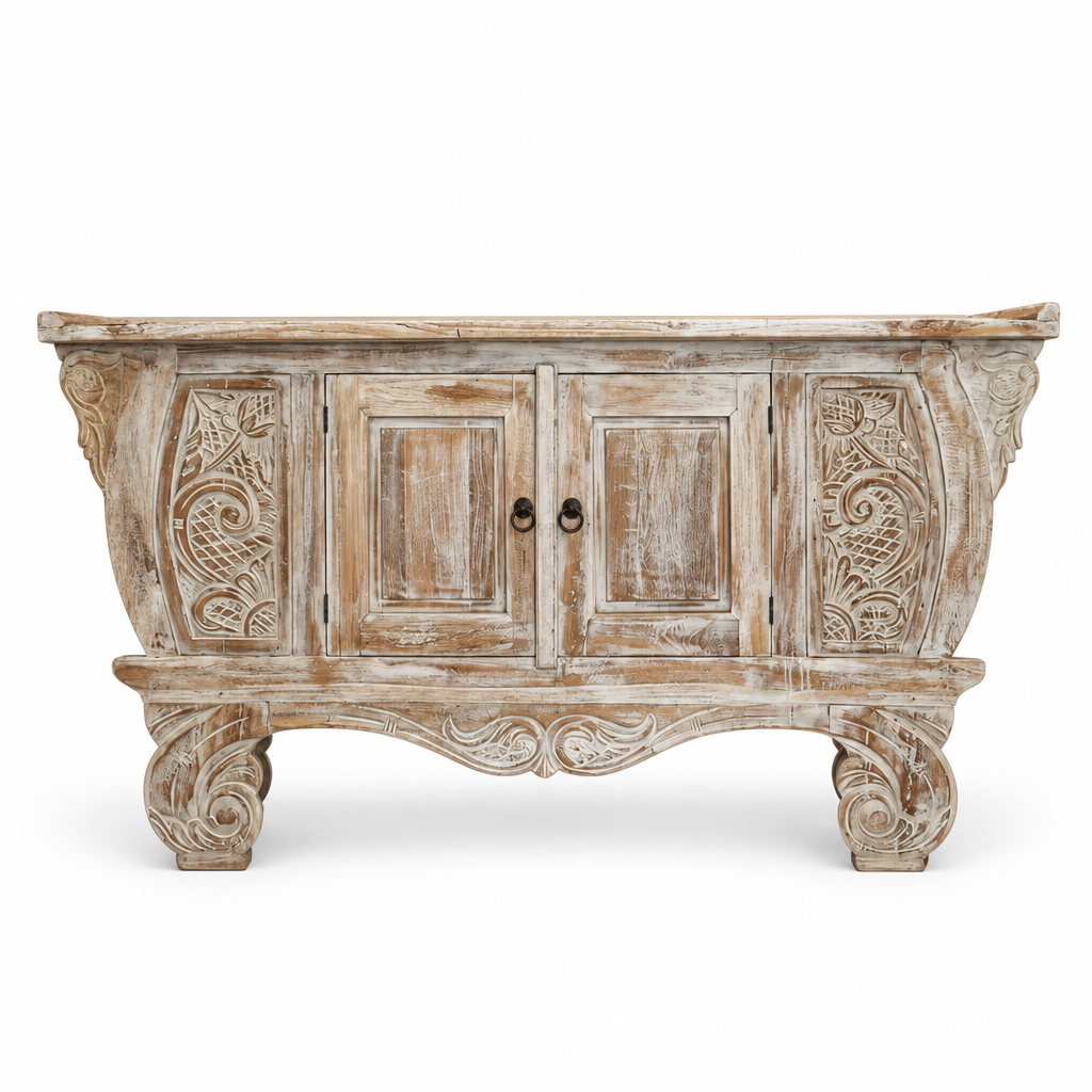 Hand-carved Balinese teak entryway cabinet with a distressed whitewash finish, two doors and carved scroll feet