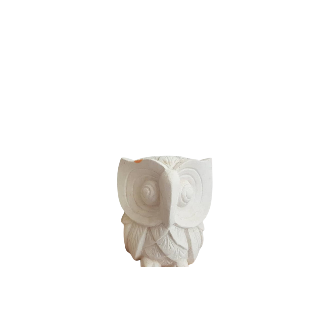  carving of owl with a plain background.