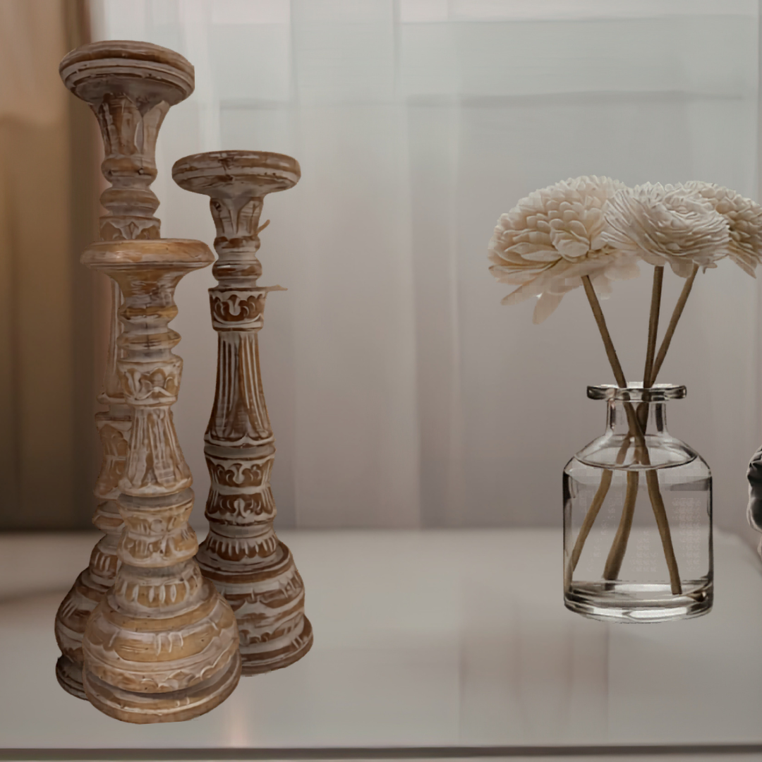atural wash hand-carved wooden candle holders styled with glass vase and white dried flowers – boho rustic home décor