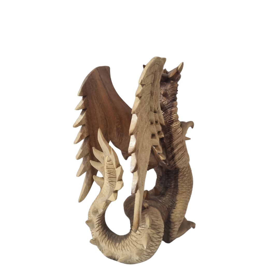 back view closeup Style 2 – Dark-toned hand-carved dragon with open wings