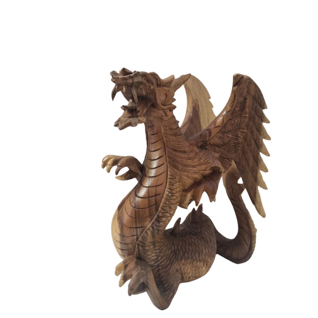 Hand-Carved Wooden Dragon Statue – Style 2 – Dark-toned hand-carved dragon with open jaw and compact wing position side view  | Azure Decor
