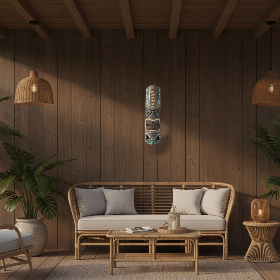 Hand-carved wooden tiki mask with angular headdress hung on a timber feature wall in a warm covered indoor entertaining area, styled with rattan furniture and tropical plants.