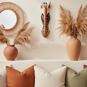 African-inspired carved timber animal sculpture on a white textured wall in a coastal living room with rattan, pampas grass, terracotta and linen