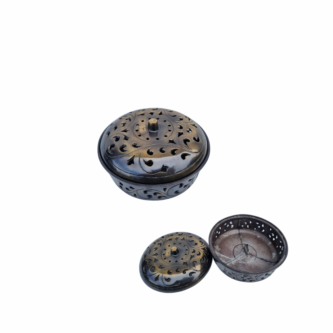 Bronze incense burner with perforated design on a white background