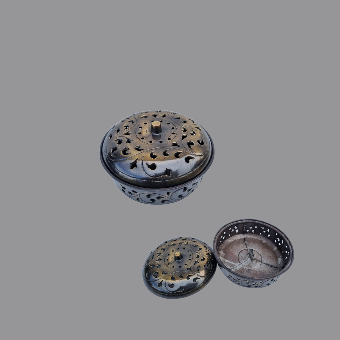 Decorative metal incense holder with intricate designs on a gray background