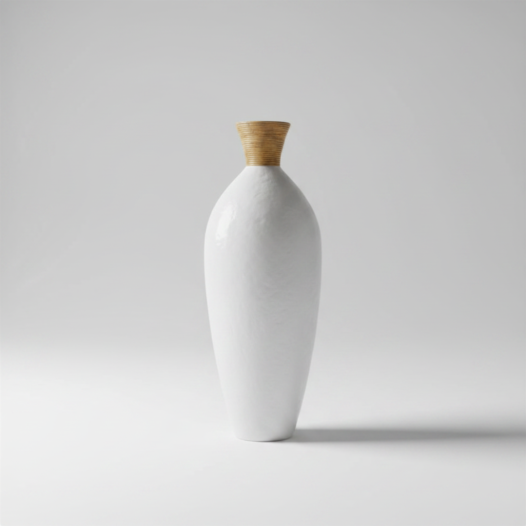 White terricotta vase with a wooden top on a light gray background