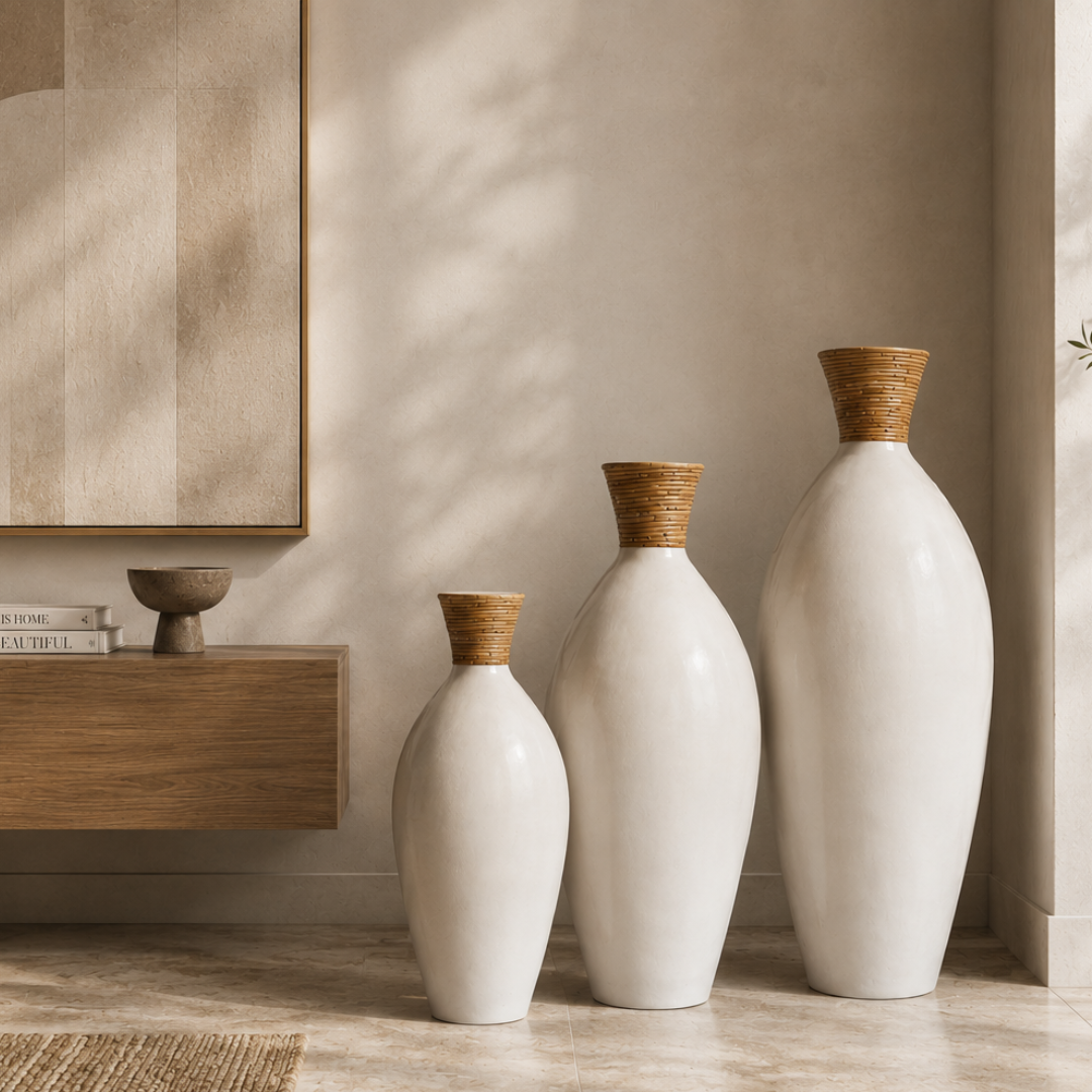 Three white vases with brown tops on a wooden floor against a beige wall.
