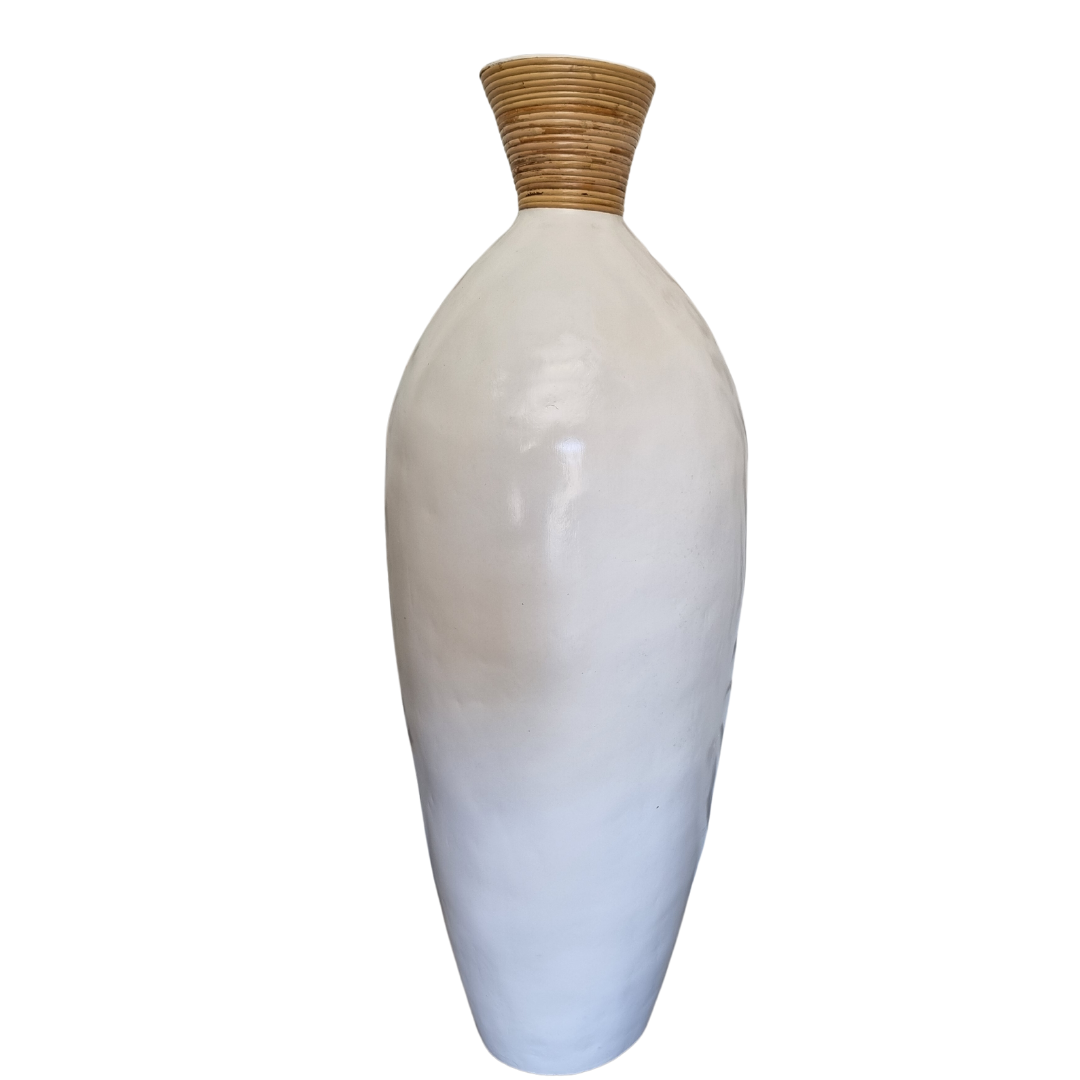 White vase with a woven top on a white background