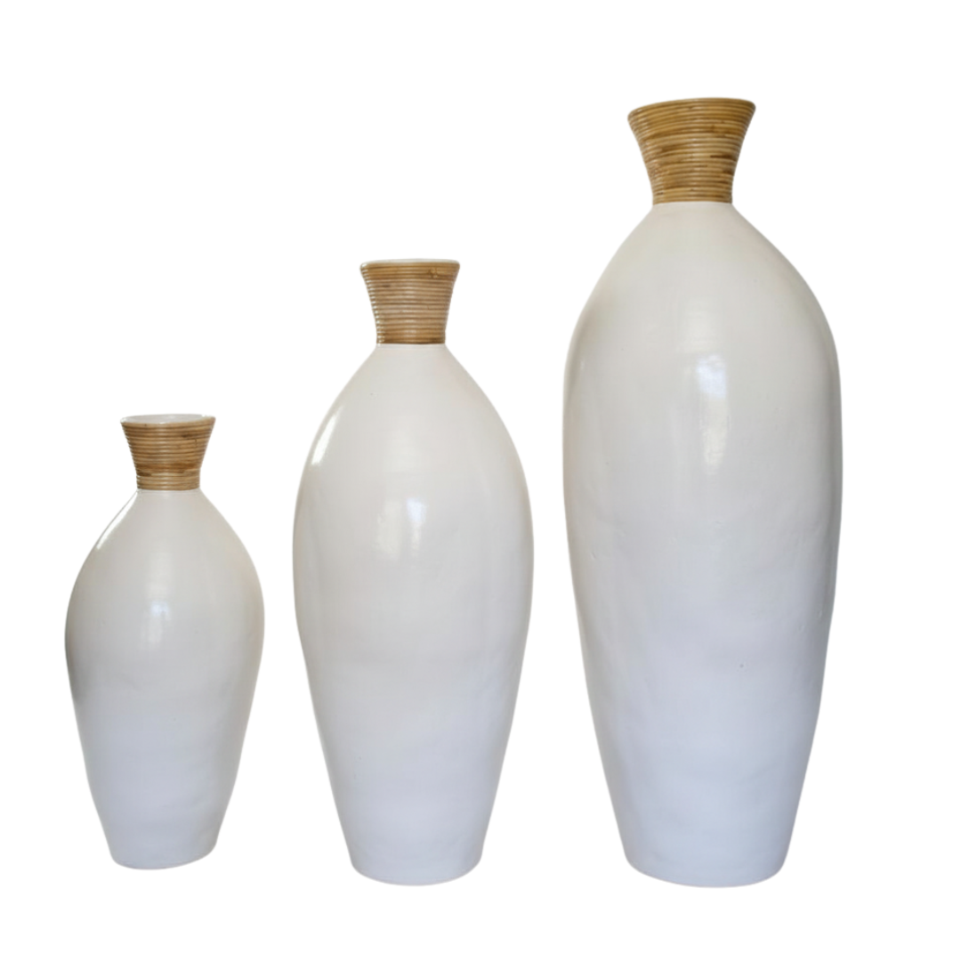 Three white vases with brown rims on a white background