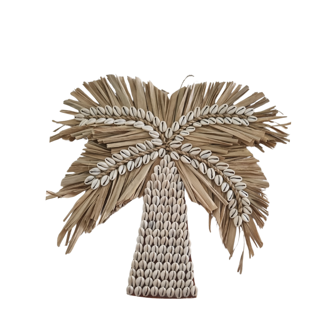 Natural cowrie shell and seagrass palm tree wall art on white background, 21x21cm and 30x30cm