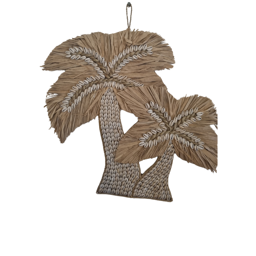 Natural cowrie shell palm tree duo wall art on white background 