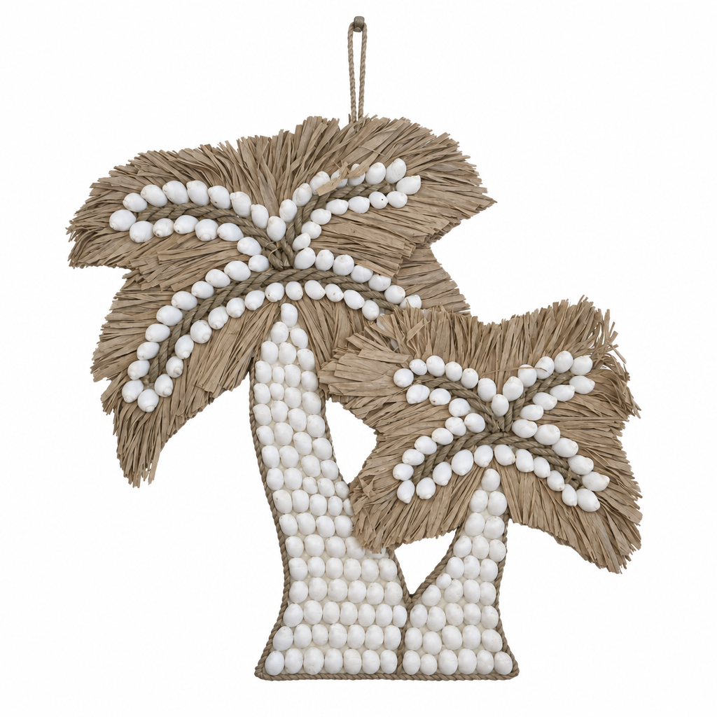 White-shell and cool grey-beige raffia duo on a white studio background, 35 × 34 cm