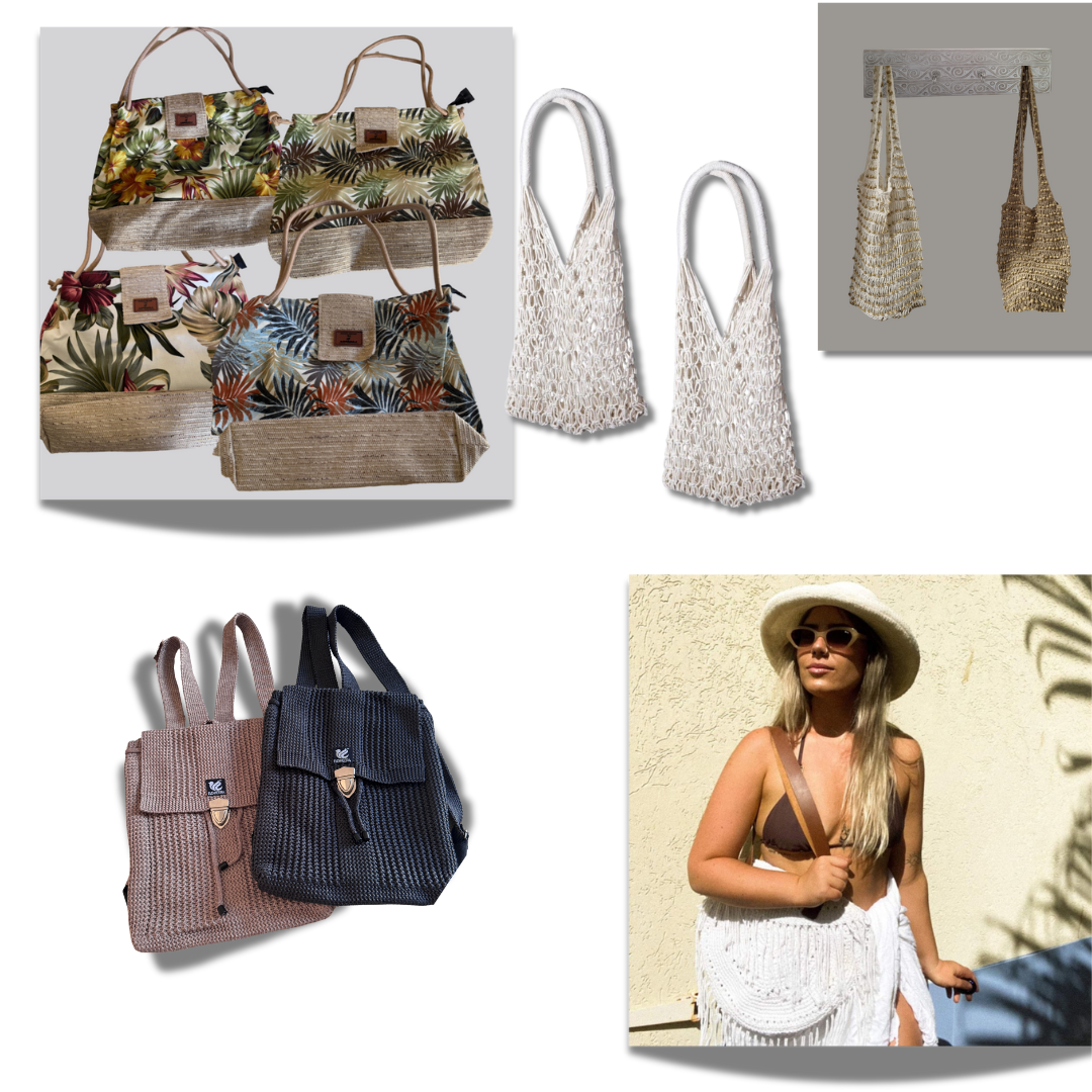 Collage of various handbags including floral, woven, and backpack styles.
