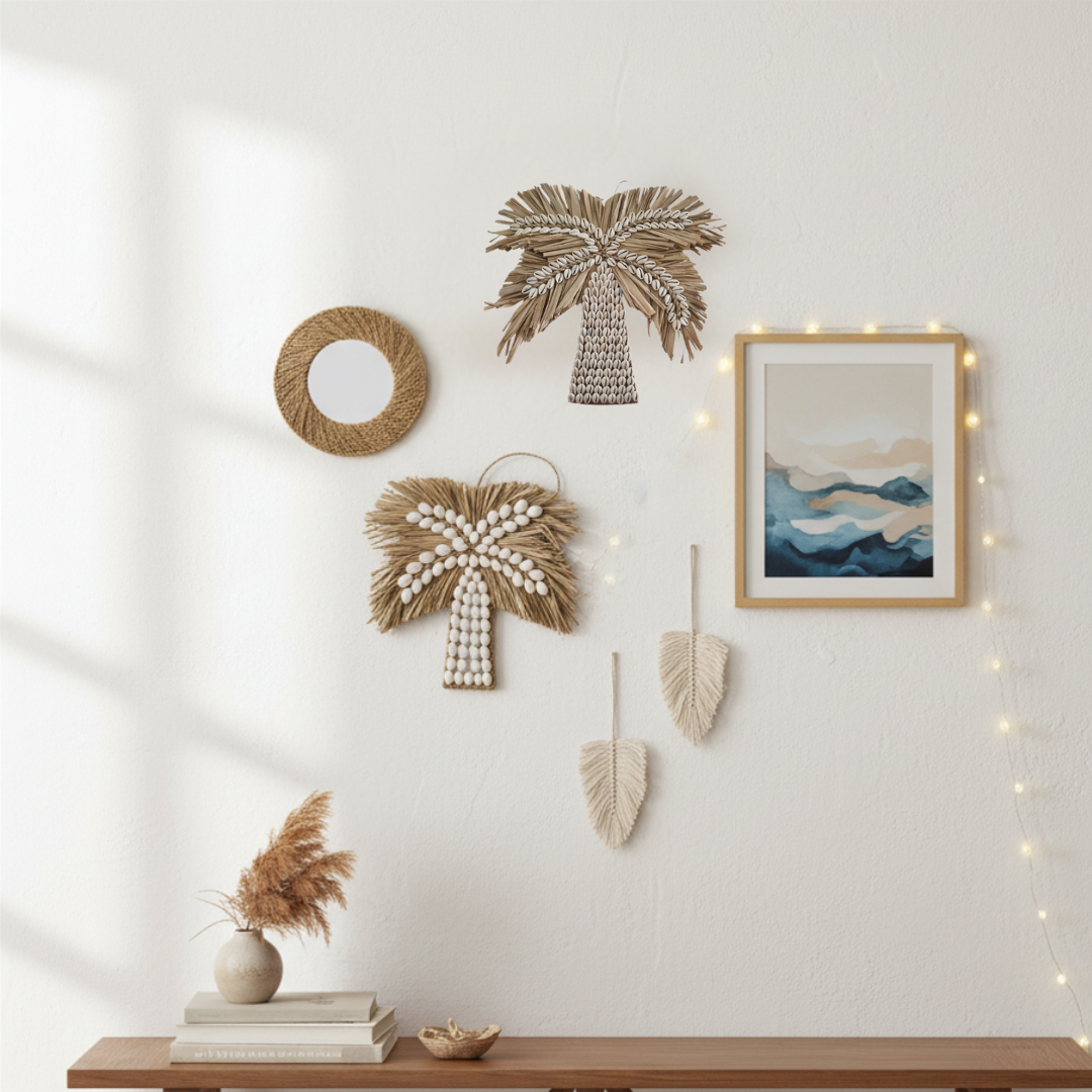 Boho palm tree wall art gallery wall styled with seagrass mirror and macrame, available in 21x21cm and 30x30cm