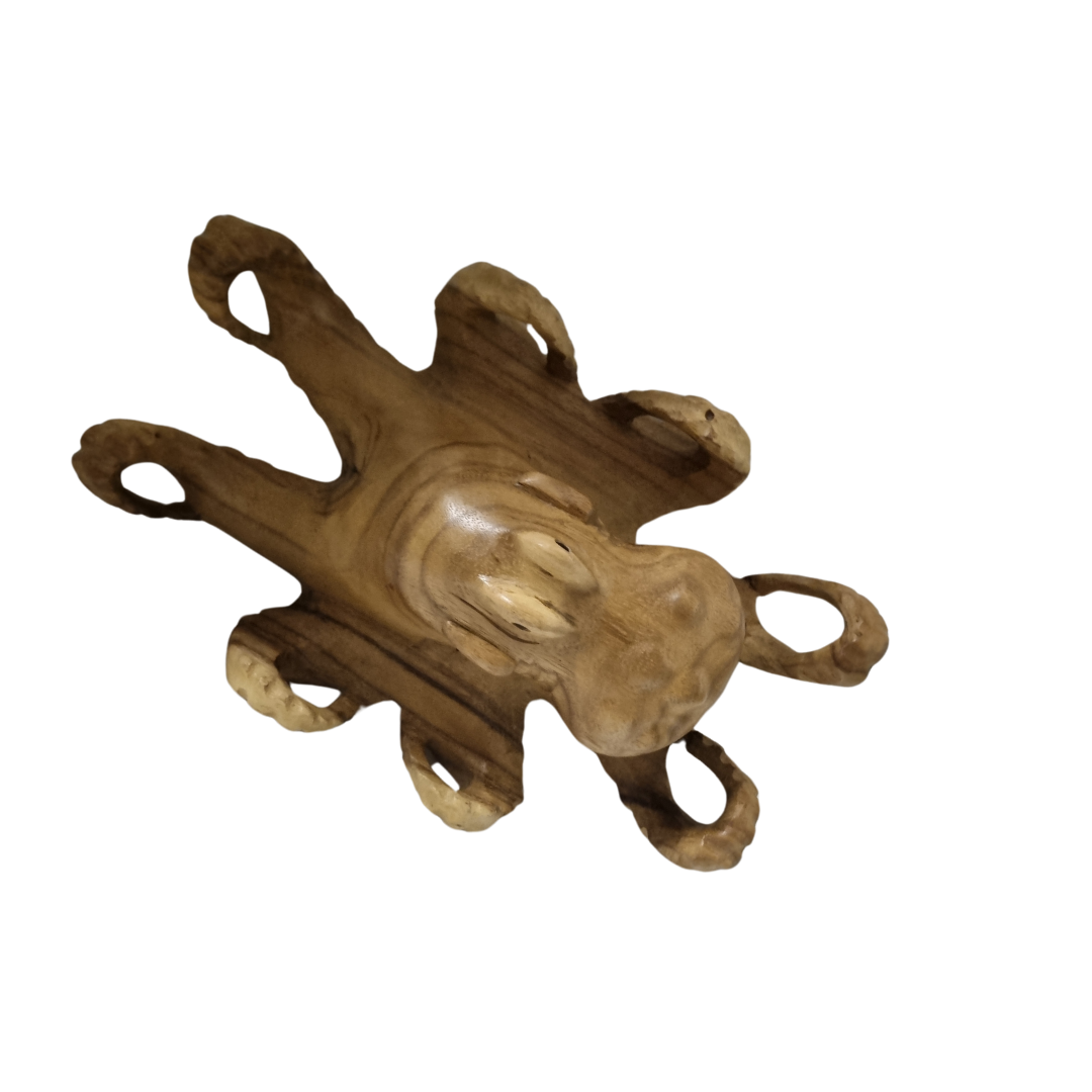 Handcrafted Solid Timber Octopus Sculpture – Style 2 – rich dark wood grain with wide-spread curling tentacles and polished rounded body, shown hand-held for scale | Azure Decor