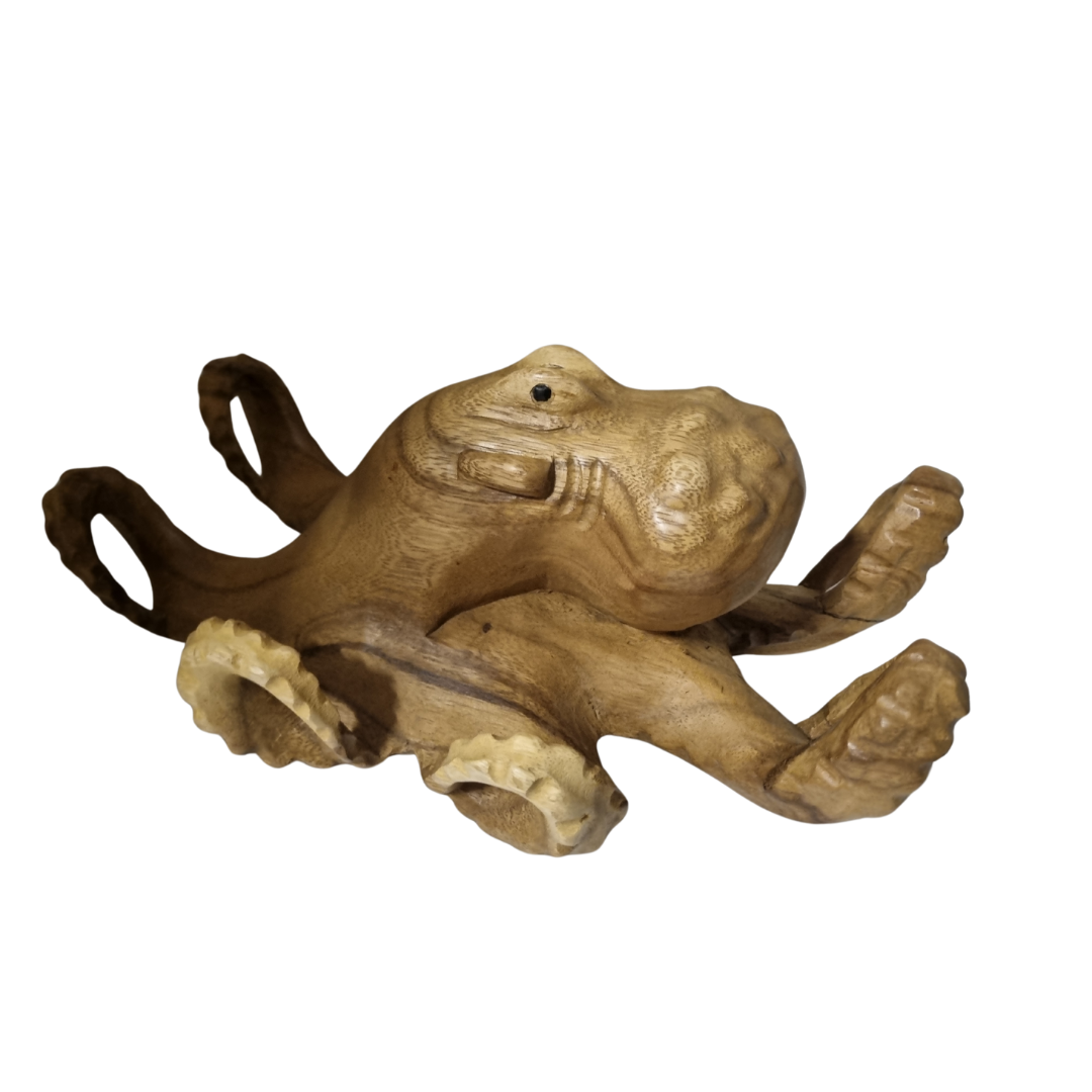 Handcrafted Solid Timber Octopus Sculpture – Style 2 – rich dark wood grain with wide-spread curling tentacles and polished rounded body, shown hand-held for scale | Azure Decor