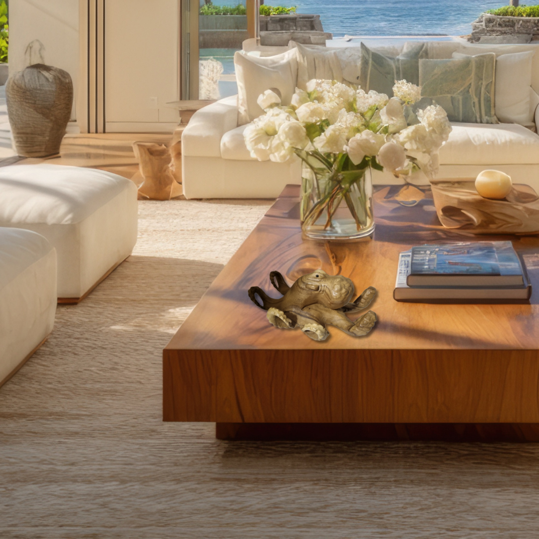 Handcrafted Solid Timber Octopus Sculpture displayed on a wooden coffee table in a coastal living room with white flowers and ocean views | Azure Decor