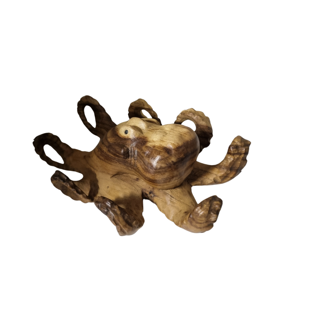 solid timber octopus with textured tentacles, natural wood grain finish set on a white back ground
