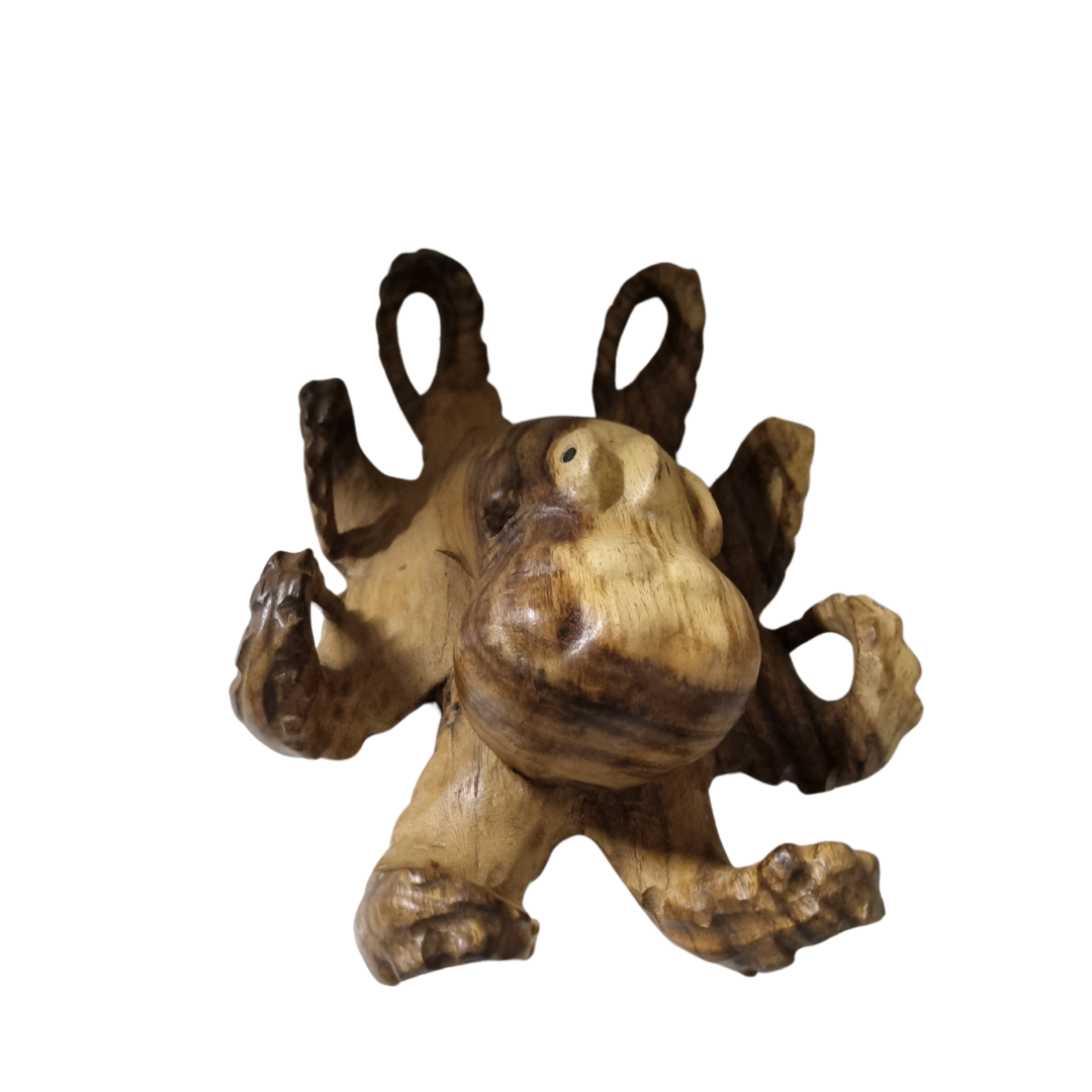 Handcrafted Solid Timber Octopus Sculpture – Style 2 – rich dark wood grain with wide-spread curling tentacles and polished rounded body, shown hand-held for scale | Azure Decor