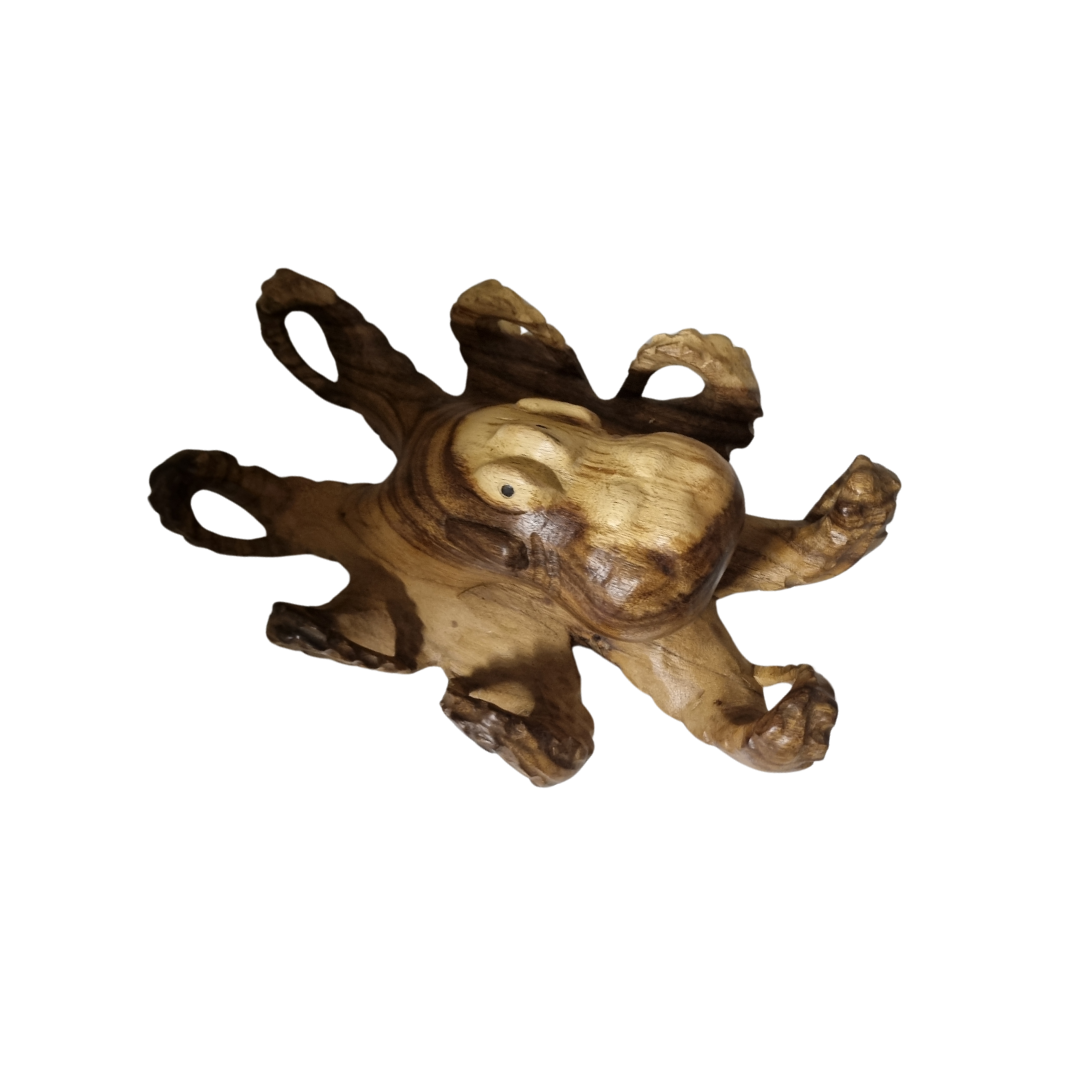 Handcrafted Solid Timber Octopus Sculpture – Style 2 – rich dark wood grain with wide-spread curling tentacles and polished rounded body, shown hand-held for scale | Azure Decor