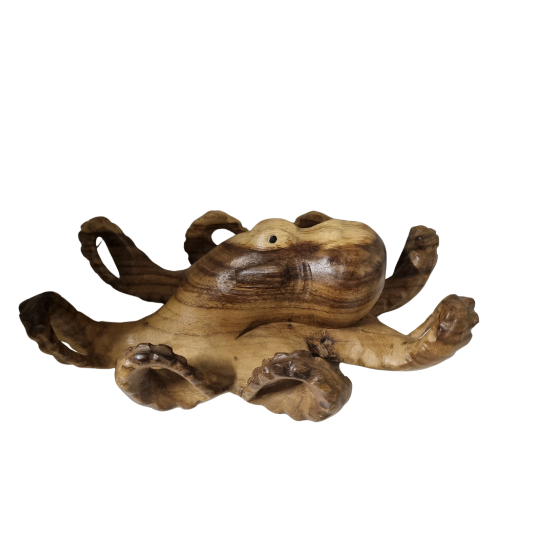 Handcrafted Solid Timber Octopus Sculpture – Style 2 – rich dark wood grain with wide-spread curling tentacles and polished rounded body, shown hand-held for scale | Azure Decor