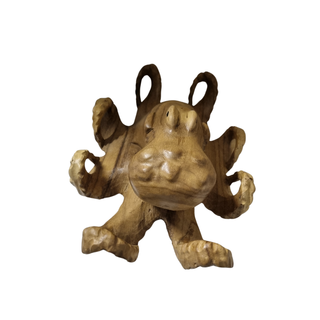 Handcrafted Solid Timber Octopus Sculpture – Style 2 – rich dark wood grain with wide-spread curling tentacles and polished rounded body, shown hand-held for scale | Azure Decor