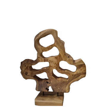 eak Wood Table Top Sculpture – abstract hand-carved reclaimed teak with open cut-through design on square wooden base, white background