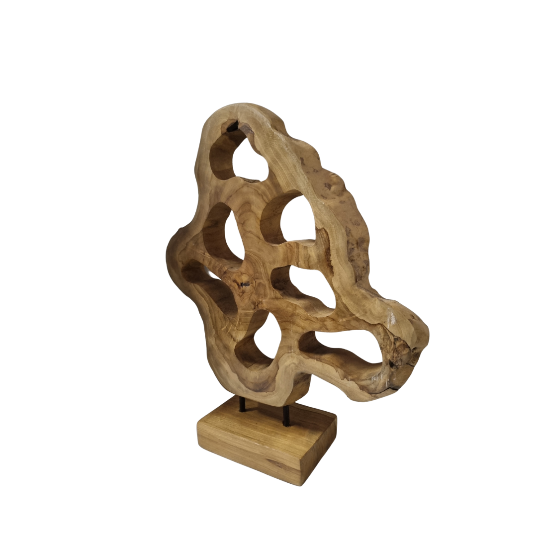 Teak Wood Table Top Sculpture – abstract hand-carved reclaimed teak with open cut-through design on square wooden base, white background side view
