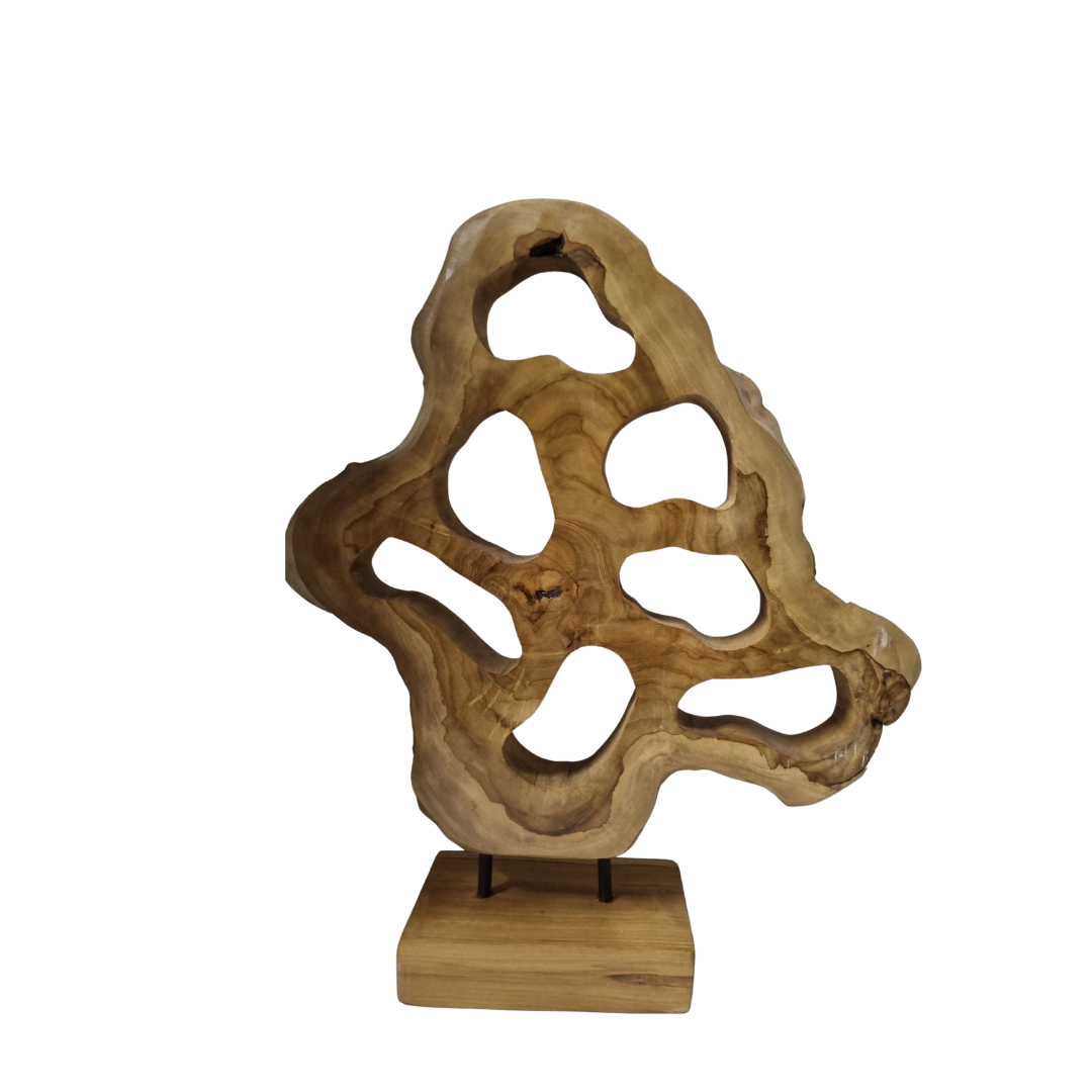 Teak Wood Table Top Sculpture – abstract hand-carved reclaimed teak with open cut-through design on square wooden base, white background