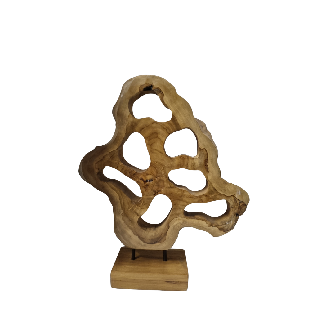 Teak Wood Table Top Sculpture – abstract hand-carved reclaimed teak with open cut-through design on square wooden base, white background 