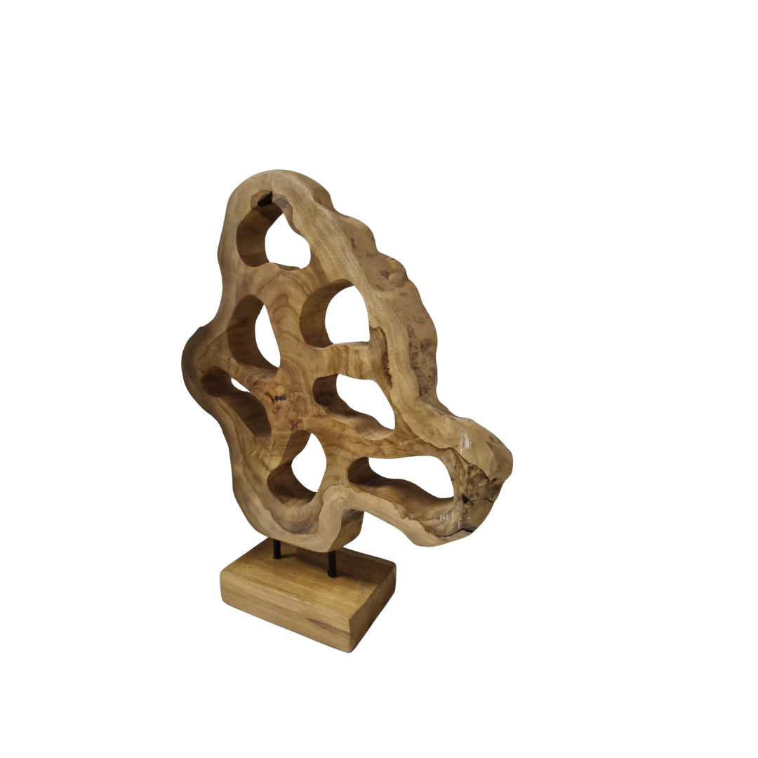 Teak Wood Table Top Sculpture – abstract hand-carved reclaimed teak with open cut-through design on square wooden base, white background angle shot
