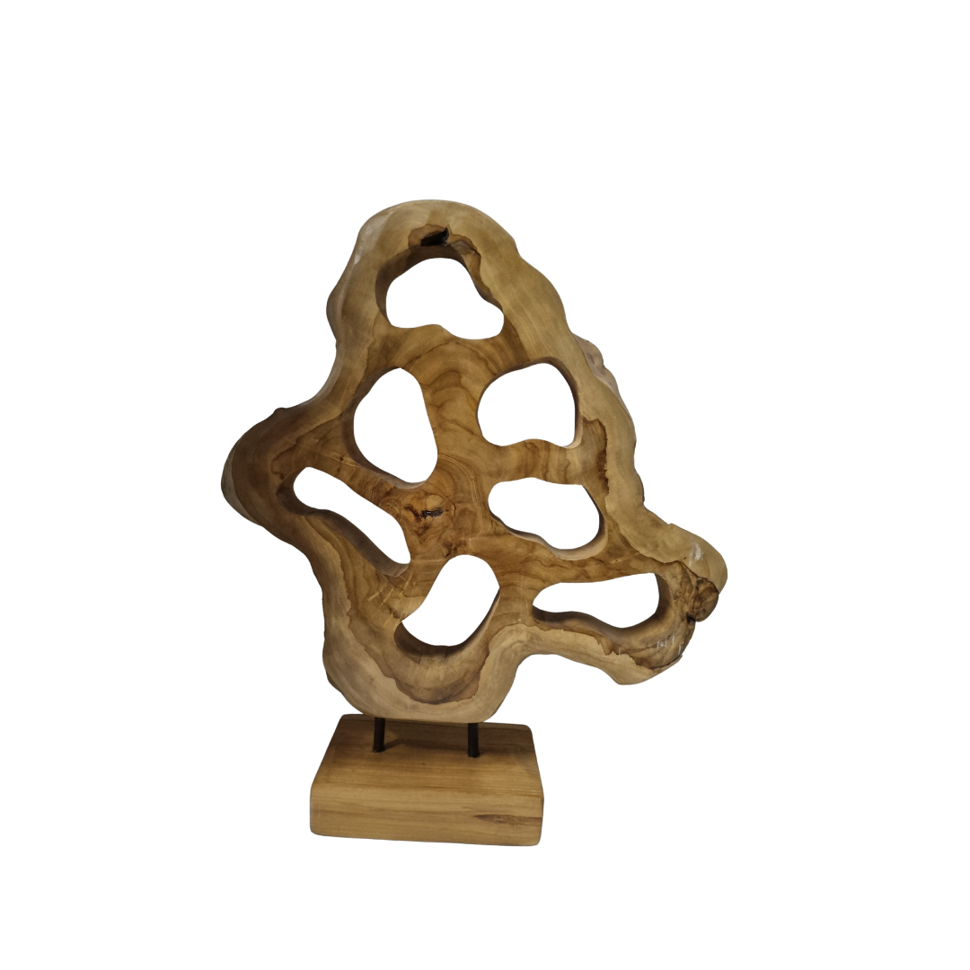 Teak Wood Table Top Sculpture – abstract hand-carved reclaimed teak with open cut-through design on square wooden base, white background 