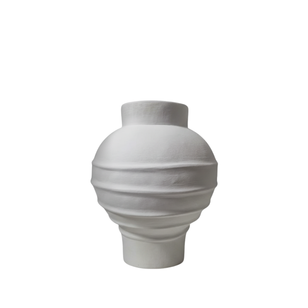 Matte black ribbed terracotta vase on a white background showing the globe body and stepped base