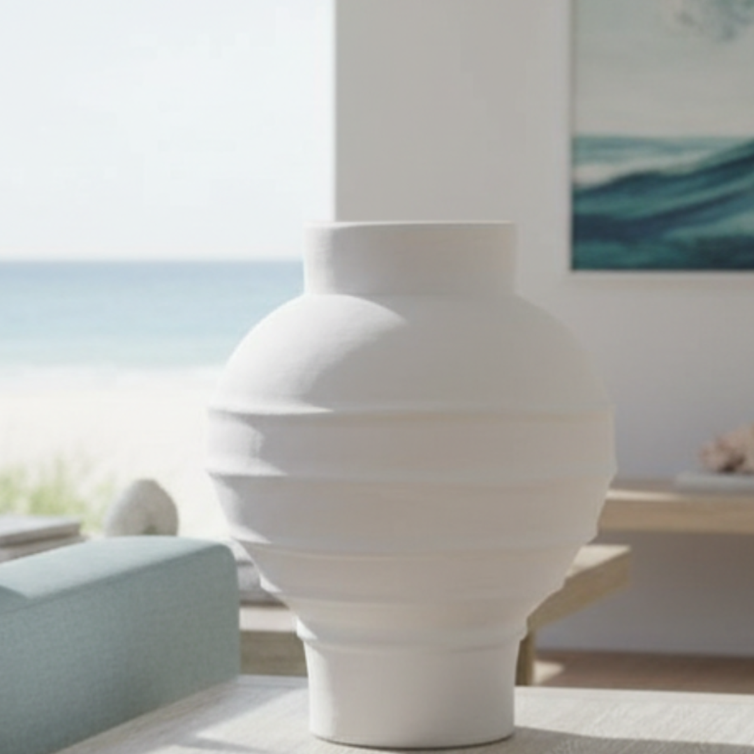 Matte white ribbed terracotta vase on a timber surface in a bright coastal living room with ocean views and a teal seascape artwork on the wall