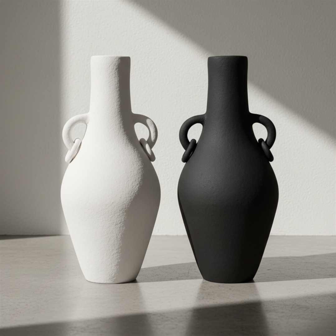 Handcrafted terracotta vase with ring handles in black and white, side by side on a light timber surface with soft directional shadow