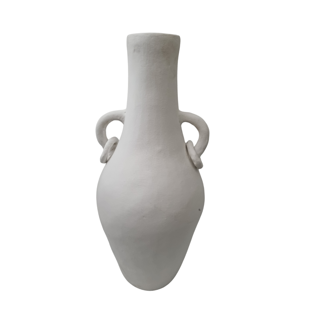 vase front view showing tall symmetrical silhouette with looped ring handles and smooth matte finish