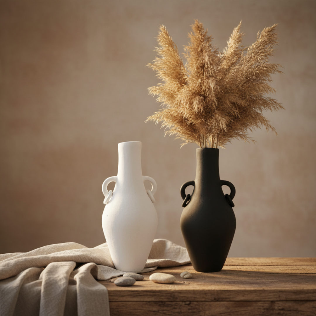 all matte vase styled on a weathered timber surface with dried pampas grass and linen in a warm coastal interior