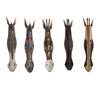 Handcrafted wooden African style animal wall masks – 5 styles shown including zebra stripe, multicolour boho, dark floral scroll, black spot giraffe and natural giraffe – Balinese handcrafted wall art Australia