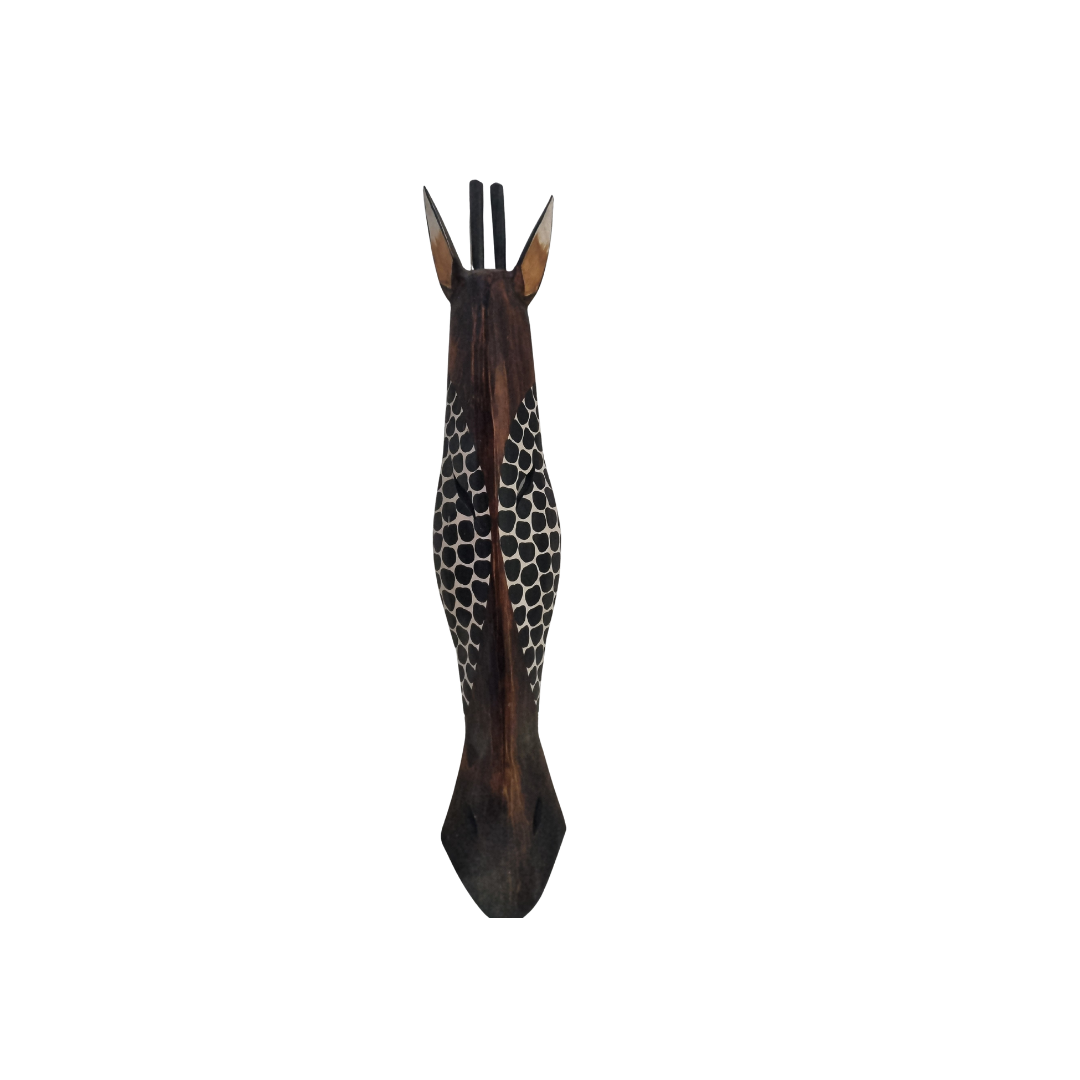 Wooden giraffe mask set mounted on a white wall, featuring a decorative patterned design on a clean white background.