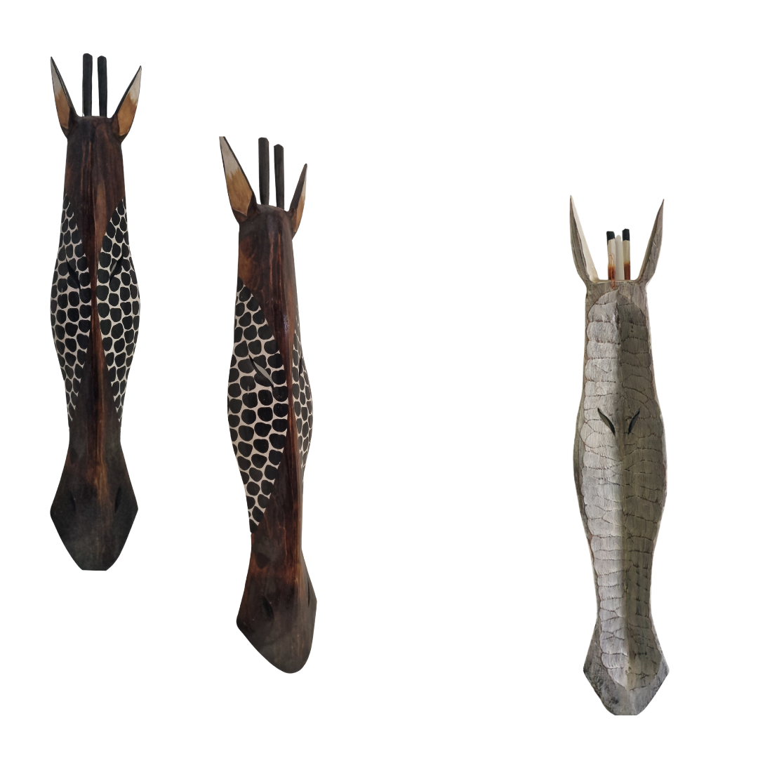 Giraffe mask sculpture set displayed on a white wall, shown in both front and back side views.