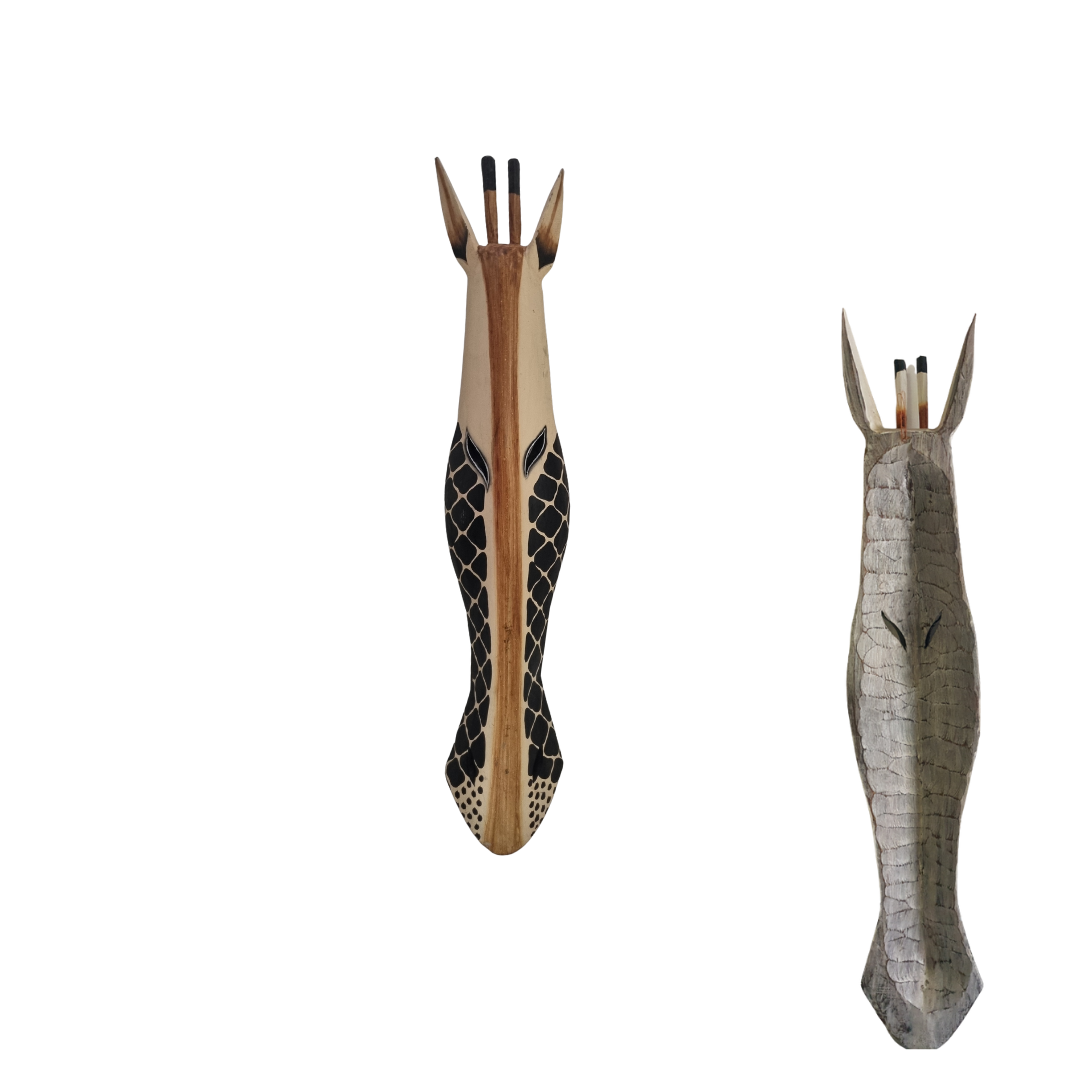Giraffe head sculpture shown in front and back views on a white background