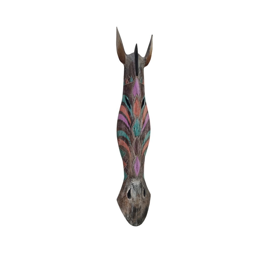 Decorative zebra head sculpture featuring colorful patterned detailing, displayed on a white background.
