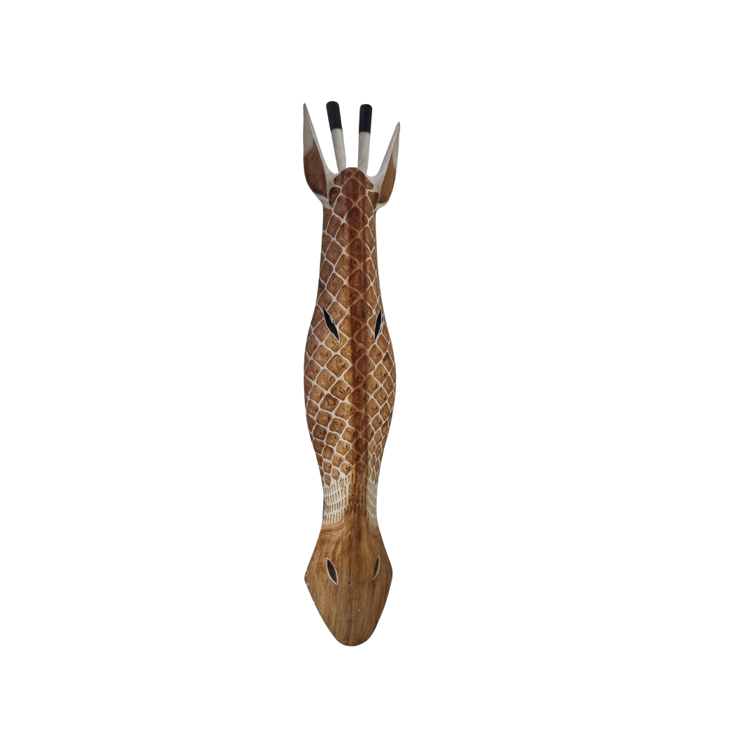 Wooden Giraffe head wall mount displayed on a white background.